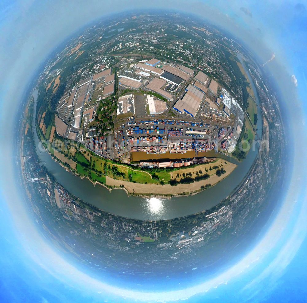 Aerial image Duisburg - Fisheye perspective quays and boat moorings at the port of the inland port on Ruhr in the district Ruhrort in Duisburg at Ruhrgebiet in the state North Rhine-Westphalia, Germany