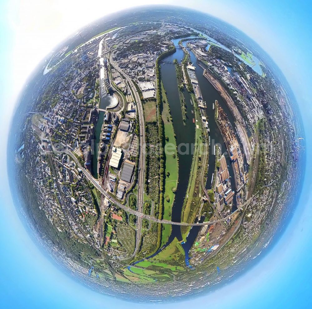 Aerial photograph Duisburg - Fisheye perspective quays and boat moorings at the port of the inland port on Ruhr in the district Ruhrort in Duisburg at Ruhrgebiet in the state North Rhine-Westphalia, Germany