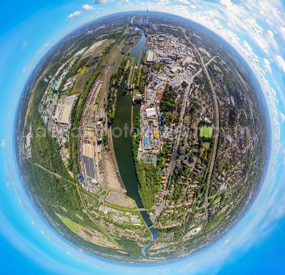 Aerial photograph Herne - Fisheye perspective fair - event location at festival Cranger Kirmes in the district Cranger in Herne at Ruhrgebiet in the state North Rhine-Westphalia, Germany