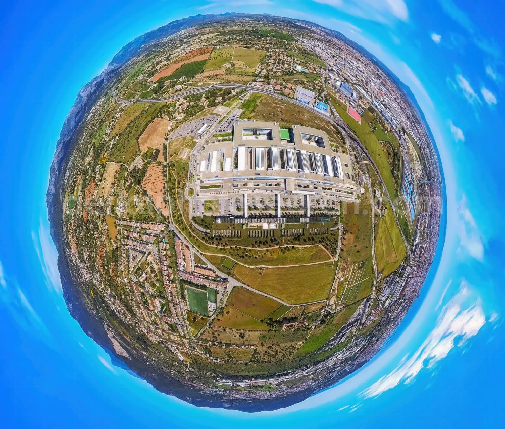 Aerial photograph Palma - Fisheye perspective hospital grounds of the Clinic Hospital Universitari Son Espases on street Carretera de Valldemossa in the district Nord in Palma in Balearic island of Mallorca, Spain