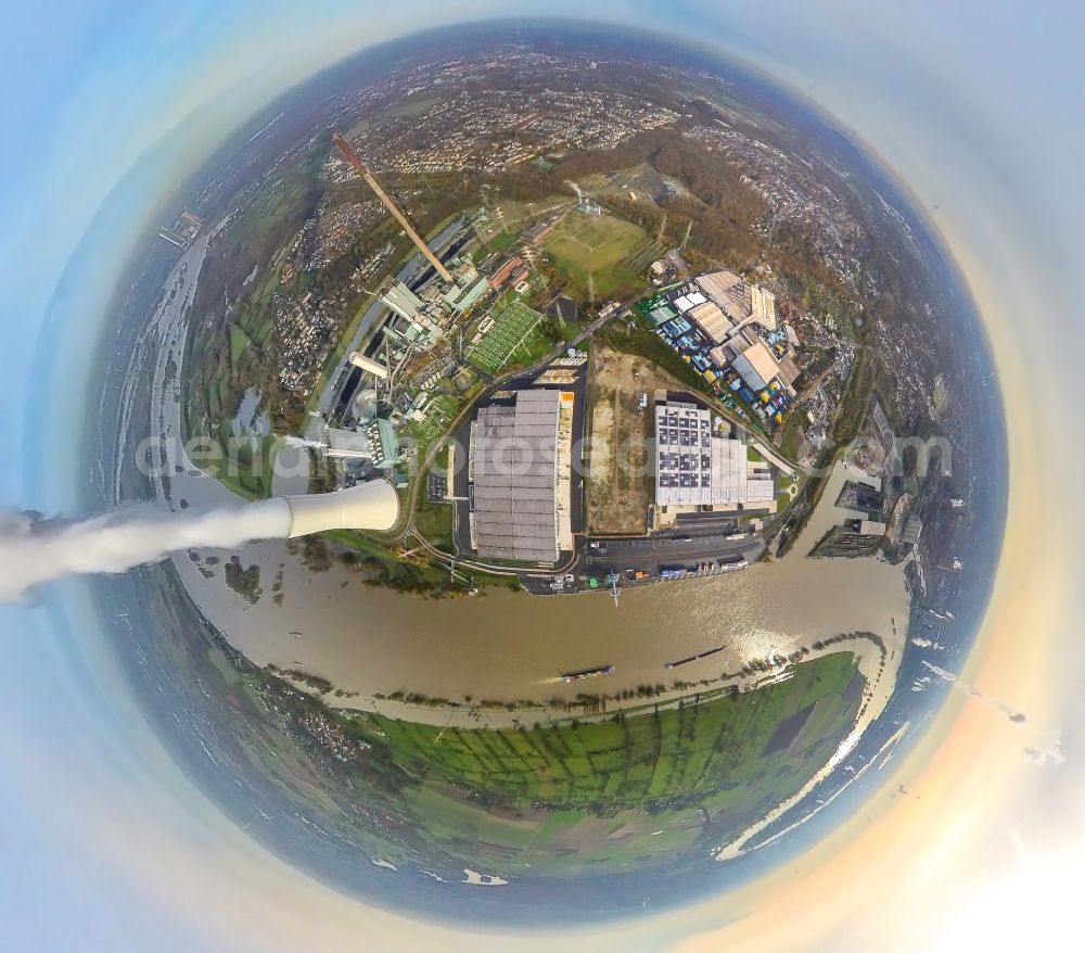 Duisburg from the bird's eye view: Fisheye perspective Power plants and exhaust towers of thermal power station STEAG Heizkraftwerk Walsum on Dr.-Wilhelm-Roelen-Strasse in Duisburg in the state North Rhine-Westphalia, Germany