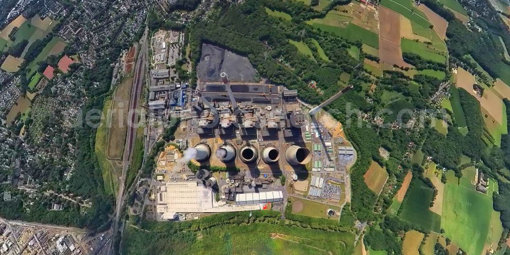 Aerial photograph Gelsenkirchen - Fisheye perspective of power plants and exhaust gas towers of the coal-fired thermal power station Uniper Kraftwerke GmbH in the district of Scholven in Gelsenkirchen in the Ruhr area in the state of North Rhine-Westphalia, Germany