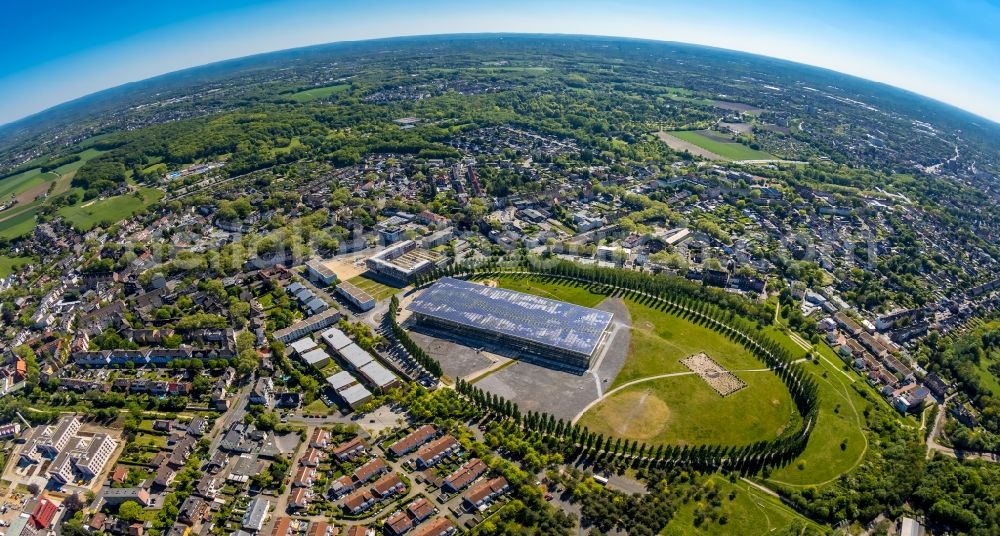 Herne from the bird's eye view: Fisheye perspective art and landscape installation debris field of Hermann Prigann north of Mont-Cenis Academy in Herne in the state of North Rhine-Westphalia