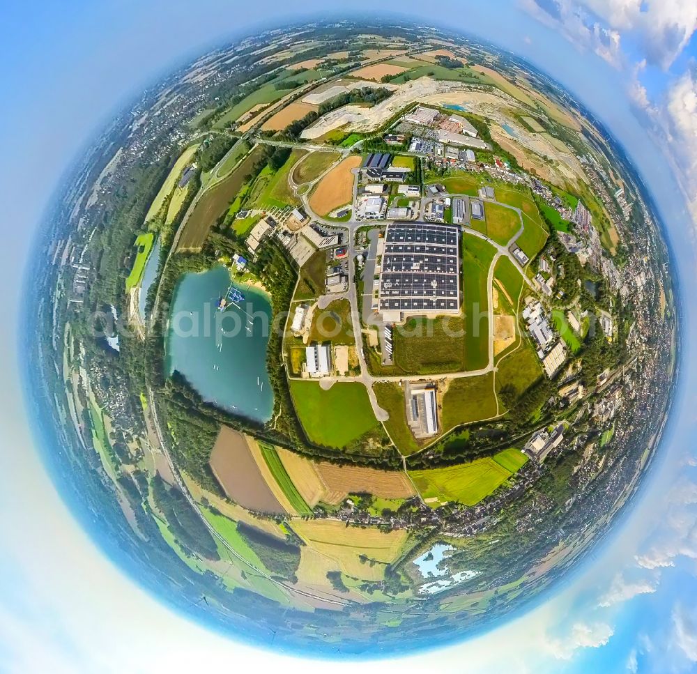 Beckum from the bird's eye view: Fisheye perspective warehouses and forwarding building of B Logistik GmbH on street Steinkuehlerstrasse in Beckum in the state North Rhine-Westphalia, Germany