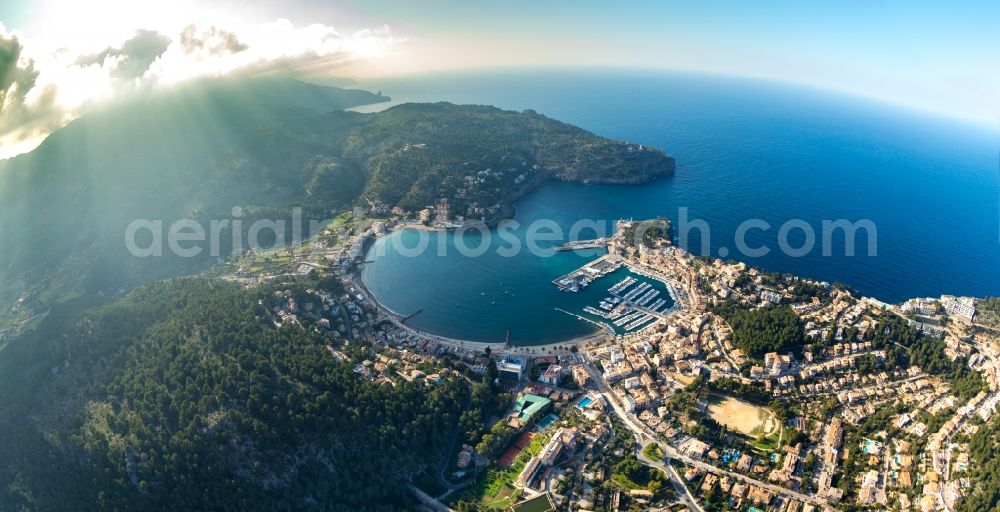 Soller from the bird's eye view: Fisheye perspective townscape on the seacoast of Balearic Sea in Soller in Balearic Islands, Spain