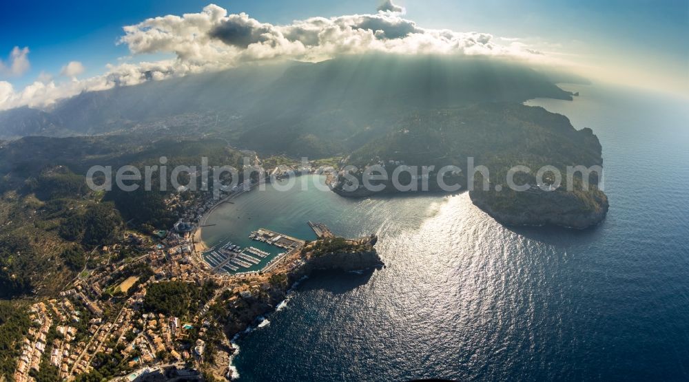 Aerial image Soller - Fisheye perspective townscape on the seacoast of Balearic Sea in Soller in Balearic Islands, Spain