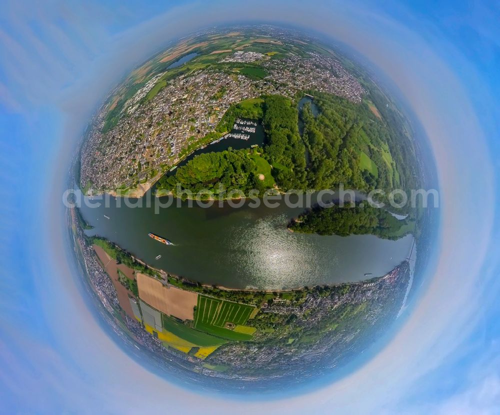Niederkassel from the bird's eye view: Fisheye perspective mouth of the Sieg into the Rhine at low water in Niederkassel in the state North Rhine-Westphalia, Germany