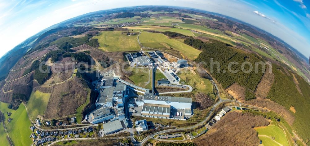 Grevenstein from the bird's eye view: Fisheye perspective Construction site and assembly work for the construction of a high-bay warehouse building complex and logistics center on the premises of the brewery Brauerei C.& A. VELTINS GmbH & Co. KG An of Streue in Grevenstein in the state North Rhine-Westphalia, Germany