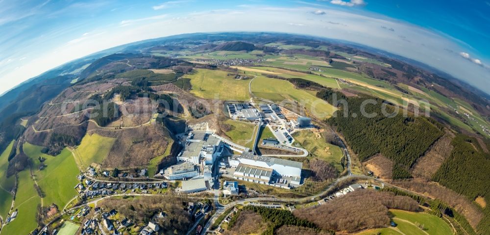 Aerial image Grevenstein - Fisheye perspective Construction site and assembly work for the construction of a high-bay warehouse building complex and logistics center on the premises of the brewery Brauerei C.& A. VELTINS GmbH & Co. KG An of Streue in Grevenstein in the state North Rhine-Westphalia, Germany