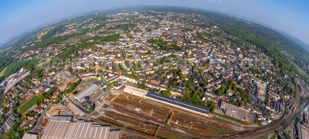 Witten from above - Fisheye perspective railway depot and repair shop for maintenance DB factory Oberbaustoffe Witten in the district Bommern in Witten in the state North Rhine-Westphalia, Germany