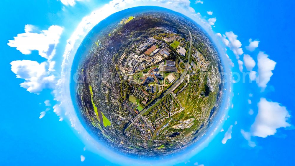 Aerial photograph Essen - Fisheye perspective new construction of the company administration building ALDI-Nord Campus on Eckenbergstrasse in Essen at Ruhrgebiet in the state North Rhine-Westphalia, Germany