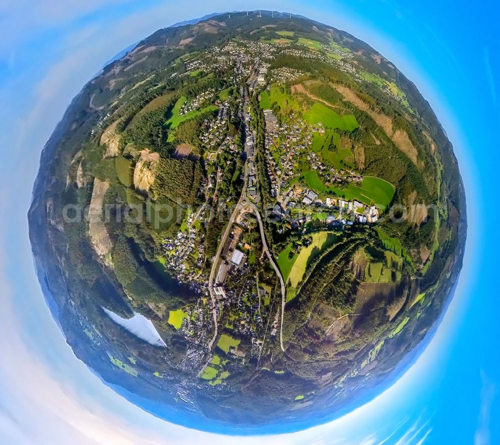 Allenbach from the bird's eye view: Fisheye perspective town View of the streets and houses of the residential areas in Allenbach at Siegerland in the state North Rhine-Westphalia, Germany