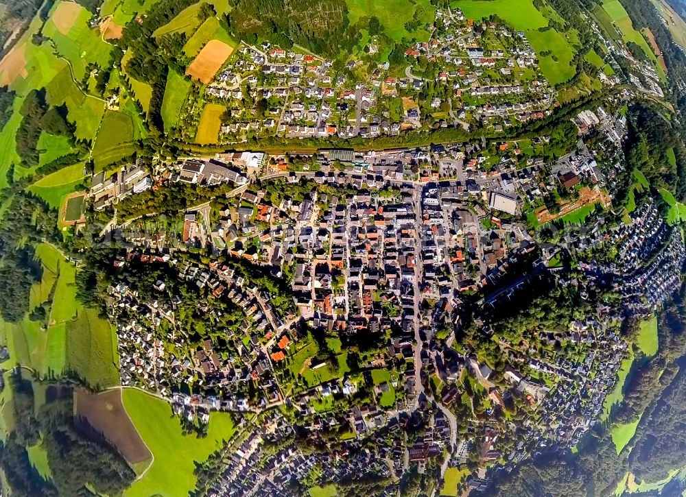 Balve from above - Fisheye perspective town View of the streets and houses of the residential areas in Balve in the state North Rhine-Westphalia, Germany