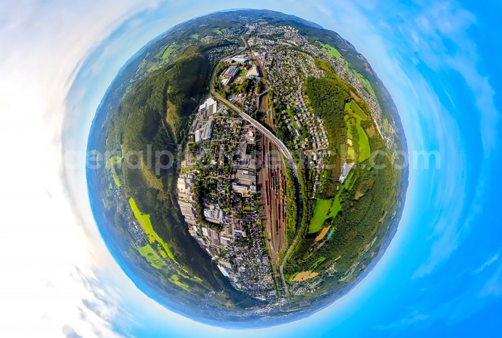 Aerial photograph Buschhütten - Fisheye perspective town View of the streets and houses of the residential areas in Buschhuetten at Siegerland in the state North Rhine-Westphalia, Germany