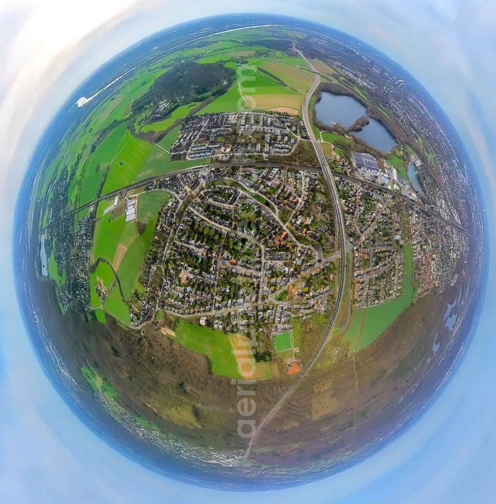 Aerial photograph Großenbaum - Fisheye perspective town View of the streets and houses of the residential areas in Grossenbaum at Ruhrgebiet in the state North Rhine-Westphalia, Germany