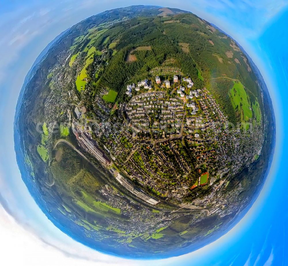 Aerial image Kreuztal - Fisheye perspective town View of the streets and houses of the residential areas in Kreuztal at Siegerland in the state North Rhine-Westphalia, Germany