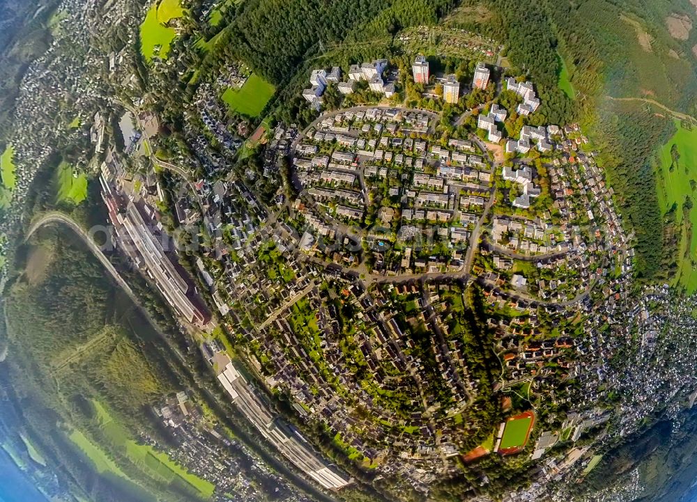 Kreuztal from above - Fisheye perspective town View of the streets and houses of the residential areas in Kreuztal at Siegerland in the state North Rhine-Westphalia, Germany