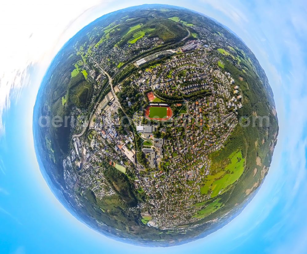 Kreuztal from above - Fisheye perspective town View of the streets and houses of the residential areas in Kreuztal at Siegerland in the state North Rhine-Westphalia, Germany