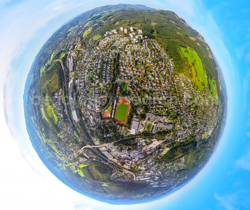 Kreuztal from the bird's eye view: Fisheye perspective town View of the streets and houses of the residential areas in Kreuztal at Siegerland in the state North Rhine-Westphalia, Germany