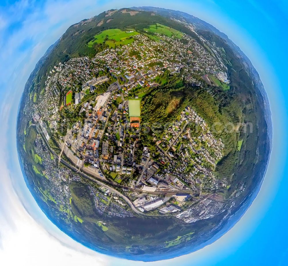 Kreuztal from above - Fisheye perspective town View of the streets and houses of the residential areas in Kreuztal at Siegerland in the state North Rhine-Westphalia, Germany