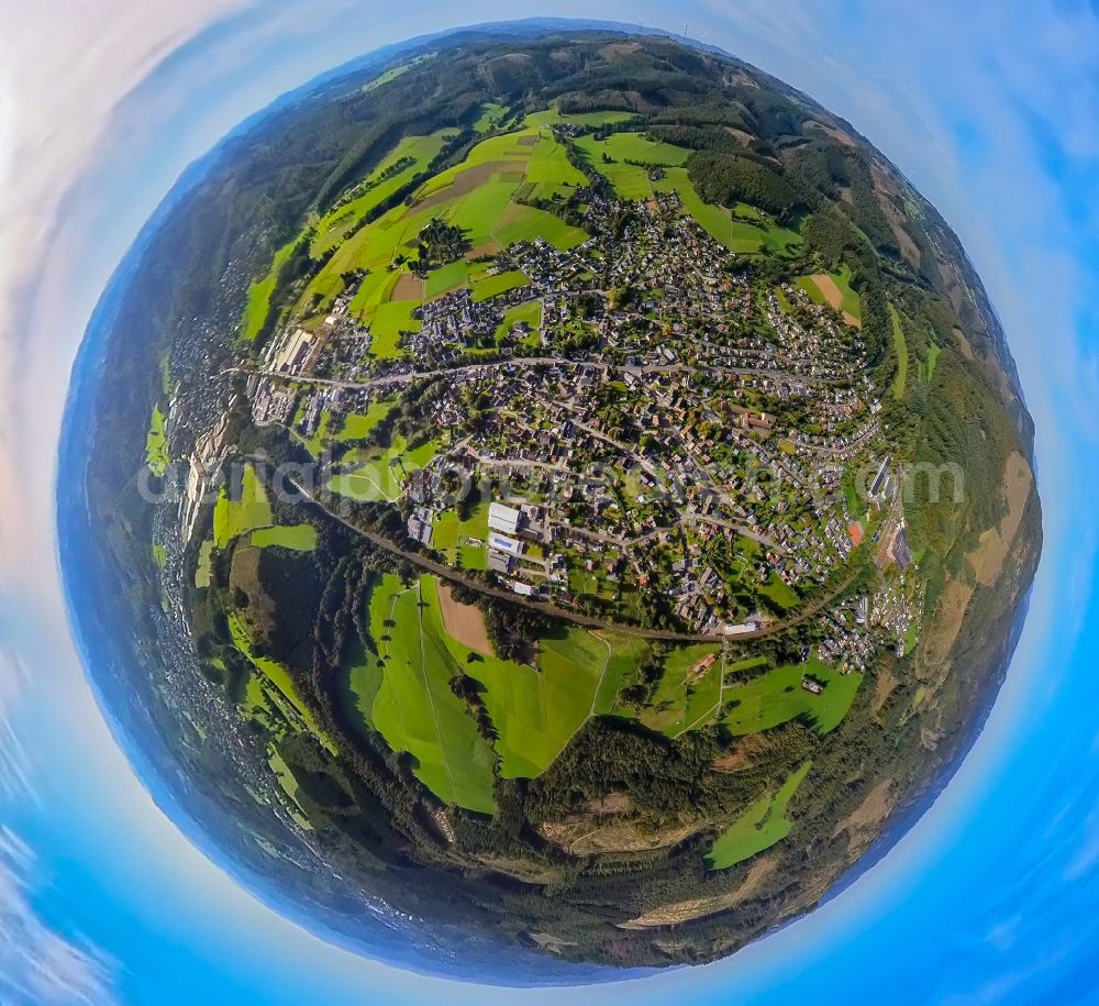 Aerial photograph Littfeld - Fisheye perspective town View of the streets and houses of the residential areas in Littfeld at Siegerland in the state North Rhine-Westphalia, Germany