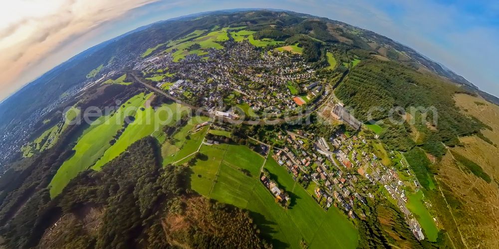 Littfeld from above - Fisheye perspective town View of the streets and houses of the residential areas in Littfeld at Siegerland in the state North Rhine-Westphalia, Germany