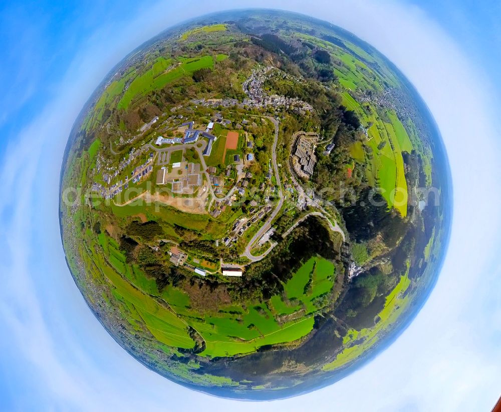 Monschau from the bird's eye view: Fisheye perspective town View of the streets and houses of the residential areas in Monschau in the state North Rhine-Westphalia, Germany