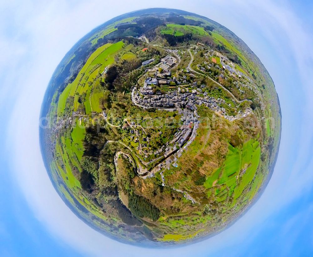 Aerial image Monschau - Fisheye perspective town View of the streets and houses of the residential areas in Monschau in the state North Rhine-Westphalia, Germany