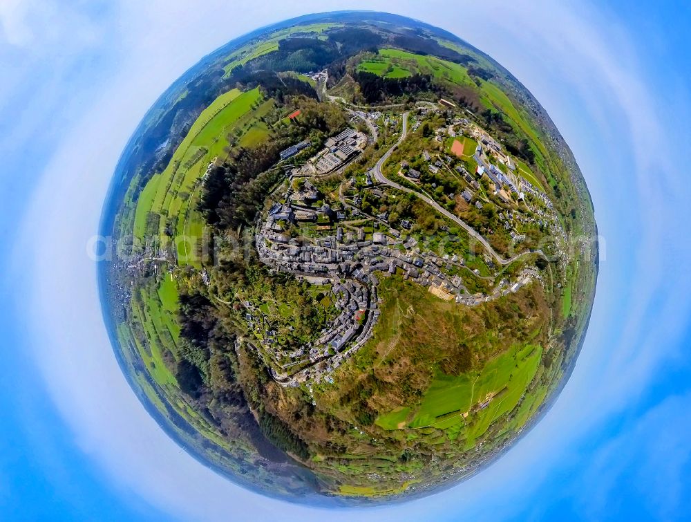 Aerial photograph Monschau - Fisheye perspective town View of the streets and houses of the residential areas in Monschau in the state North Rhine-Westphalia, Germany