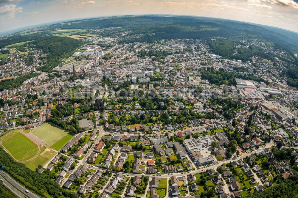 Aerial photograph Arnsberg - Fisheye perspective Town View of the streets and houses of the residential areas in the district Neheim in Arnsberg in the state North Rhine-Westphalia, Germany