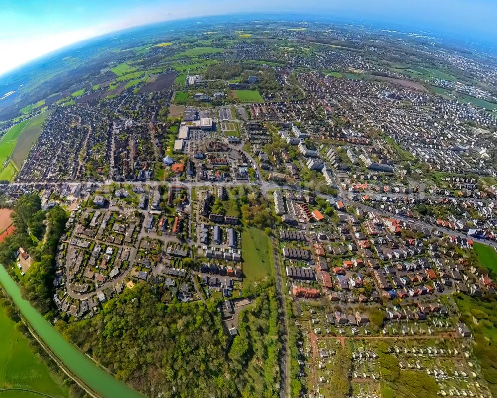 Aerial photograph Hamm - Fisheye perspective city view of the streets and houses of the residential areas in the district Werries in Hamm in the Ruhr area in the state North Rhine-Westphalia, Germany