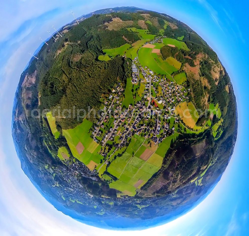 Hilchenbach from the bird's eye view: Fisheye perspective village view on the edge of agricultural fields and land in Helberhausen in the state North Rhine-Westphalia, Germany