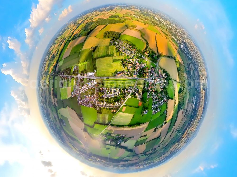 Aerial image Hilbeck - Fisheye perspective village view on the edge of agricultural fields and land in Hilbeck in the state North Rhine-Westphalia, Germany