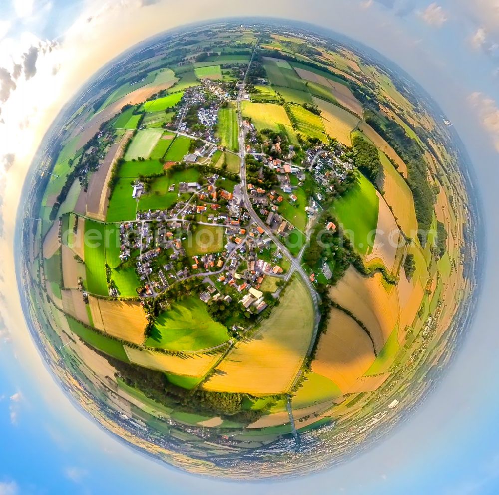 Aerial photograph Hilbeck - Fisheye perspective village view on the edge of agricultural fields and land in Hilbeck in the state North Rhine-Westphalia, Germany