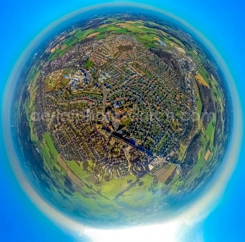 Selm from above - Fisheye perspective town View of the streets and houses of the residential areas in Selm in the state North Rhine-Westphalia, Germany