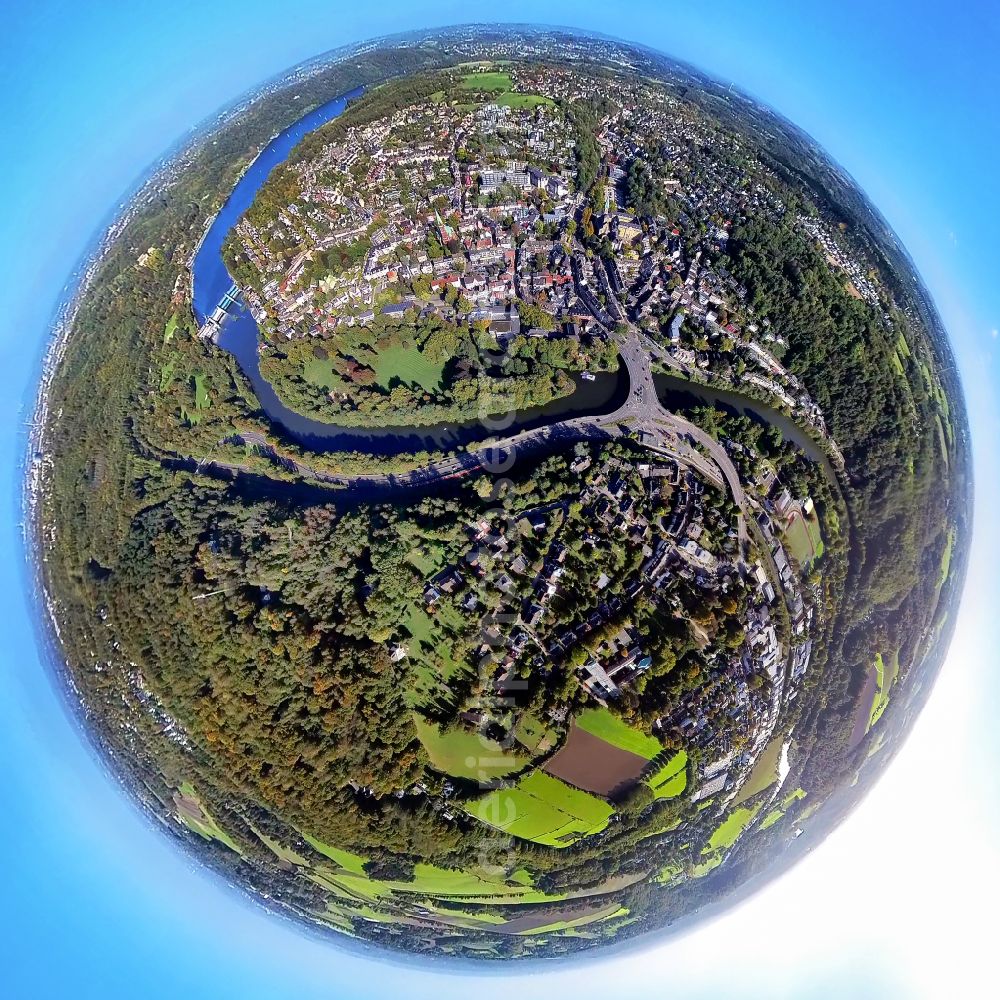 Werden from the bird's eye view: Fisheye perspective town View of the streets and houses of the residential areas in Werden in the state North Rhine-Westphalia, Germany