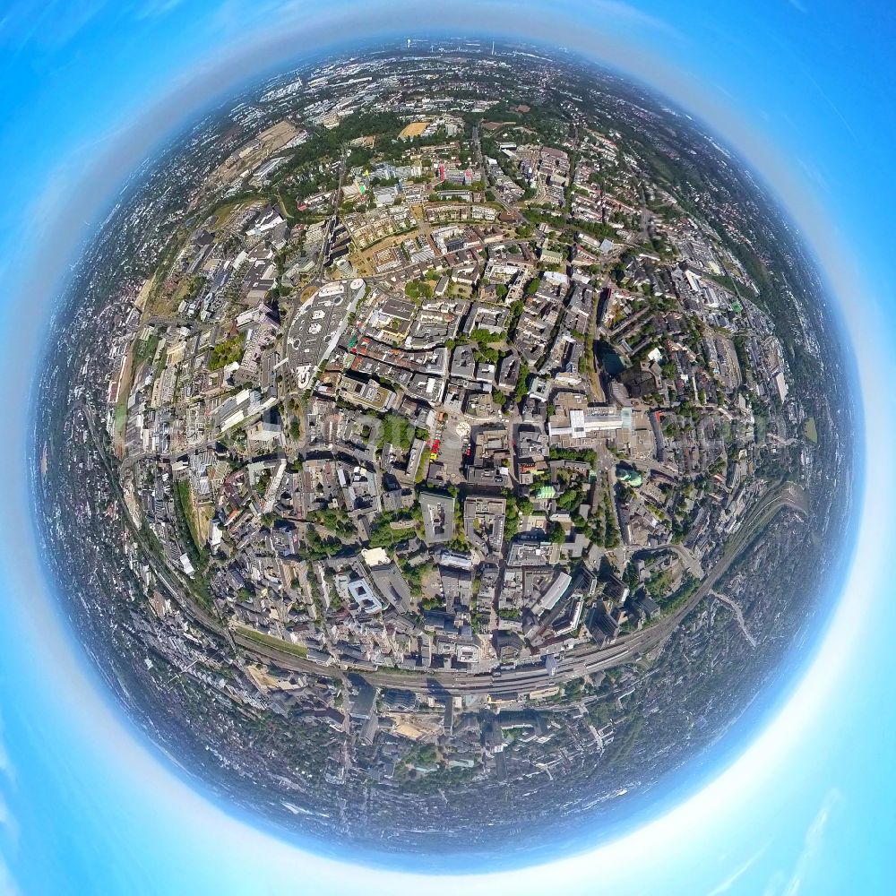 Aerial photograph Essen - Fisheye perspective ensemble space an place Kennedyplatz in the inner city center in the district Stadtkern in Essen at Ruhrgebiet in the state North Rhine-Westphalia, Germany