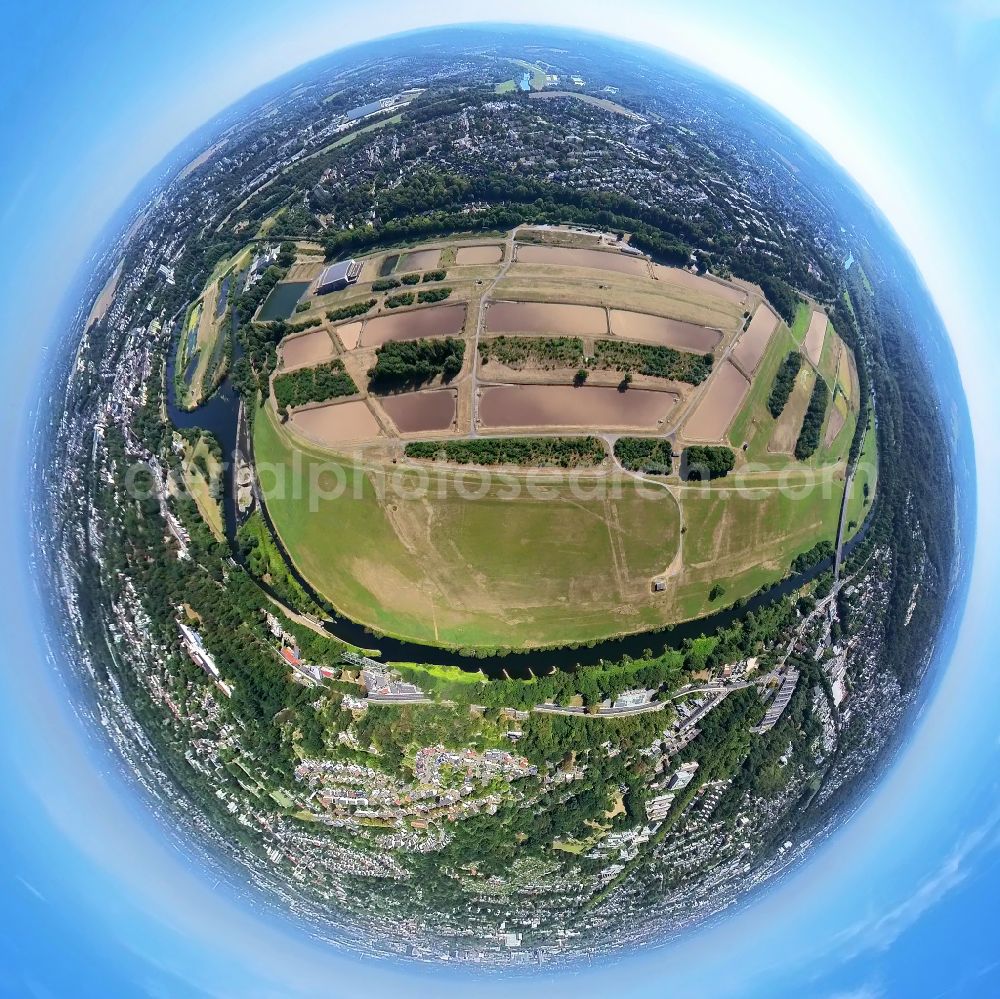 Essen from above - Fisheye perspective retention basin and water storage of Wassergewinnung Essen GmbH in Essen at Ruhrgebiet in the state North Rhine-Westphalia, Germany