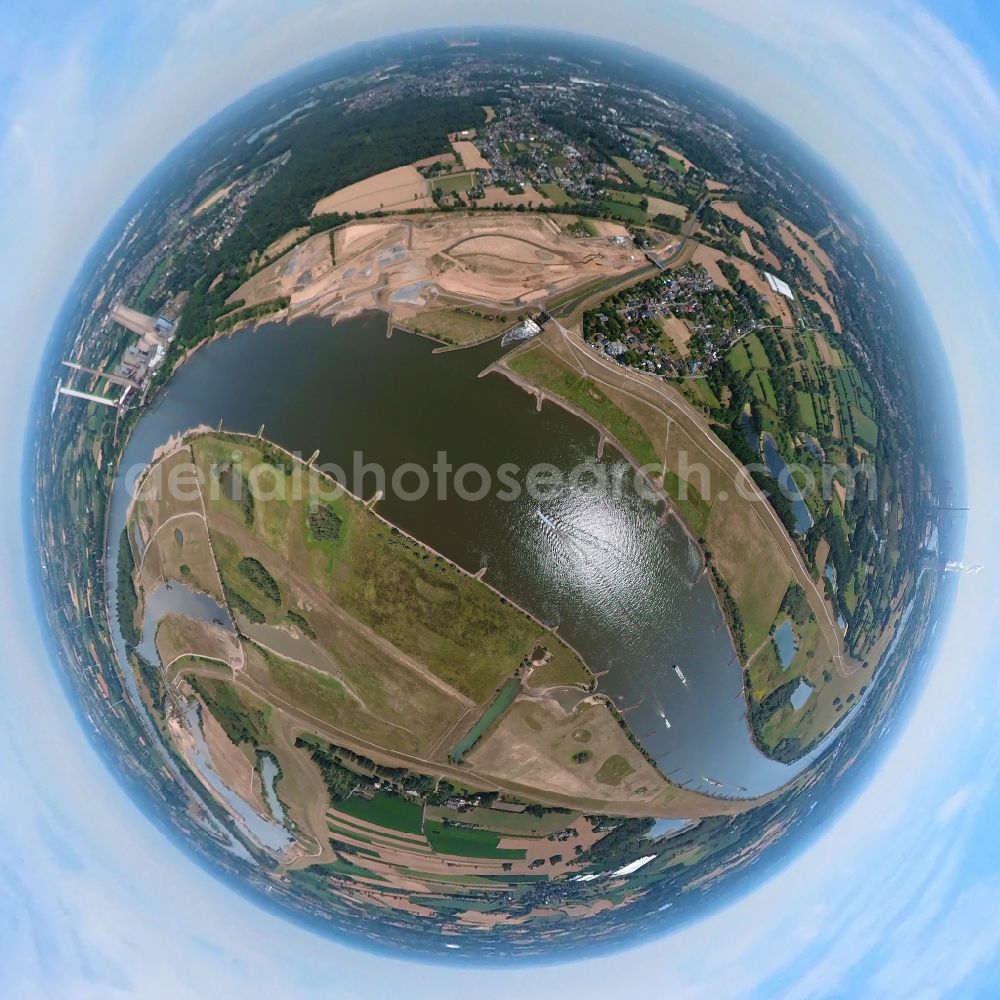 Aerial image Eppinghoven - Fisheye perspective renaturation measures on the shore areas of the river Emscher on Muendung in den Rhein on street Rheinaue in Eppinghoven at Ruhrgebiet in the state North Rhine-Westphalia, Germany