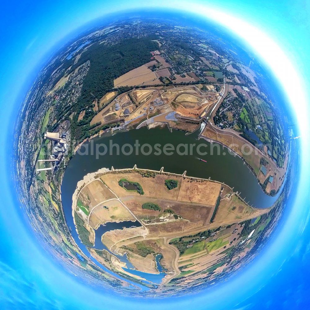 Aerial photograph Eppinghoven - Fisheye perspective renaturation measures on the shore areas of the river Emscher on Muendung in den Rhein on street Rheinaue in Eppinghoven at Ruhrgebiet in the state North Rhine-Westphalia, Germany