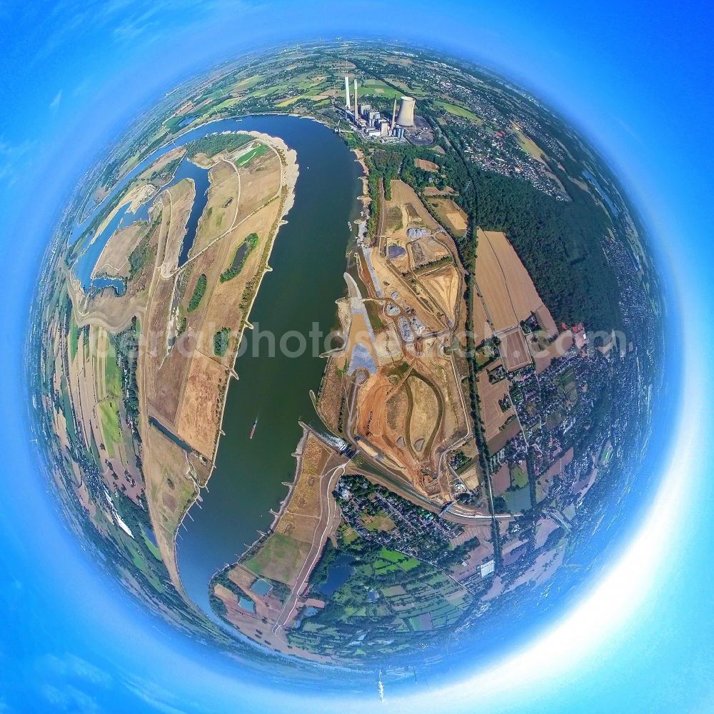 Eppinghoven from above - Fisheye perspective renaturation measures on the shore areas of the river Emscher on Muendung in den Rhein on street Rheinaue in Eppinghoven at Ruhrgebiet in the state North Rhine-Westphalia, Germany