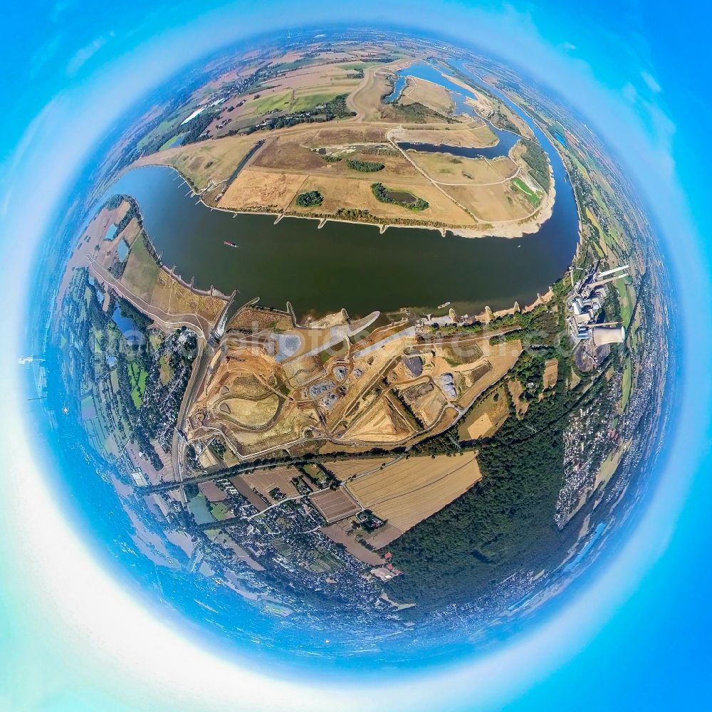 Aerial image Eppinghoven - Fisheye perspective renaturation measures on the shore areas of the river Emscher on Muendung in den Rhein on street Rheinaue in Eppinghoven at Ruhrgebiet in the state North Rhine-Westphalia, Germany