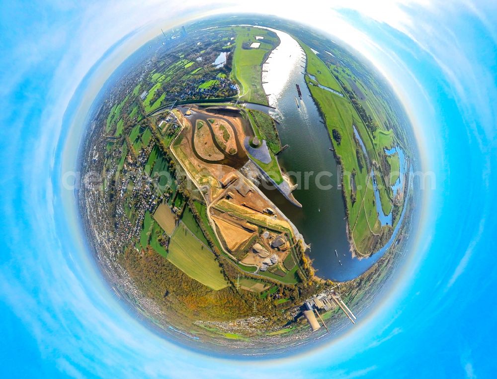 Aerial image Eppinghoven - Fisheye perspective renaturation measures on the shore areas of the river Emscher on Muendung in den Rhein on street Rheinaue in Eppinghoven at Ruhrgebiet in the state North Rhine-Westphalia, Germany