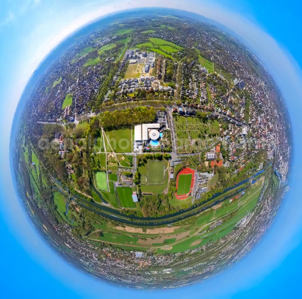 Hamm from above - Fisheye perspective swimming pool of the Maximare Erlebnistherme Bad Hamm GmbH on street Juergen-Graef-Allee in Hamm at Ruhrgebiet in the state North Rhine-Westphalia, Germany