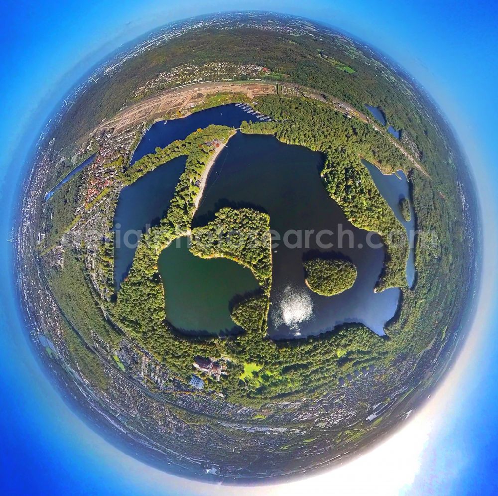 Aerial image Duisburg - Fisheye perspective waterfront landscape on the lake Sechs-Seen-Platte in the district Wedau in Duisburg at Ruhrgebiet in the state North Rhine-Westphalia, Germany