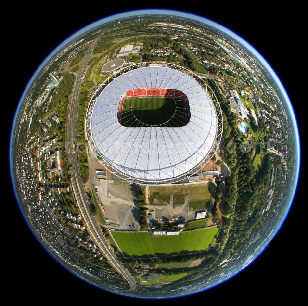 Leverkusen from the bird's eye view: Fisheye perspective Construction sites Sports facility grounds of the Arena stadium BayArena of Fussballvereins Bayer 04 Leverkusen in the district Wiesdorf in Leverkusen in the state North Rhine-Westphalia, Germany