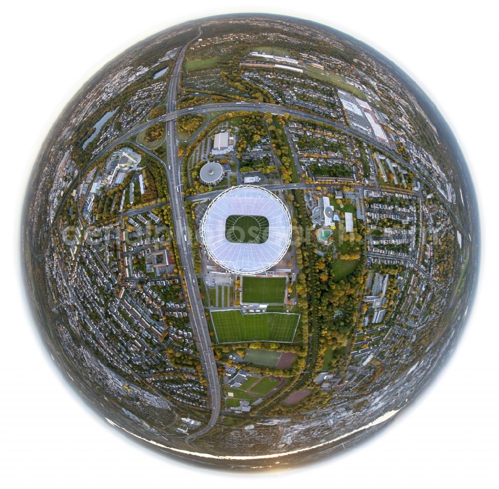 Aerial photograph Leverkusen - Fisheye perspective Construction sites Sports facility grounds of the Arena stadium BayArena of Fussballvereins Bayer 04 Leverkusen in the district Wiesdorf in Leverkusen in the state North Rhine-Westphalia, Germany