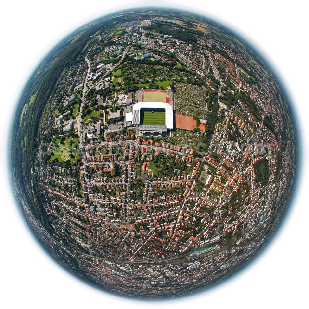 Bielefeld from above - Fisheye perspective sports facility grounds of the Arena stadium SchuecoArena on Melanchthonstrasse in Bielefeld in the state North Rhine-Westphalia, Germany