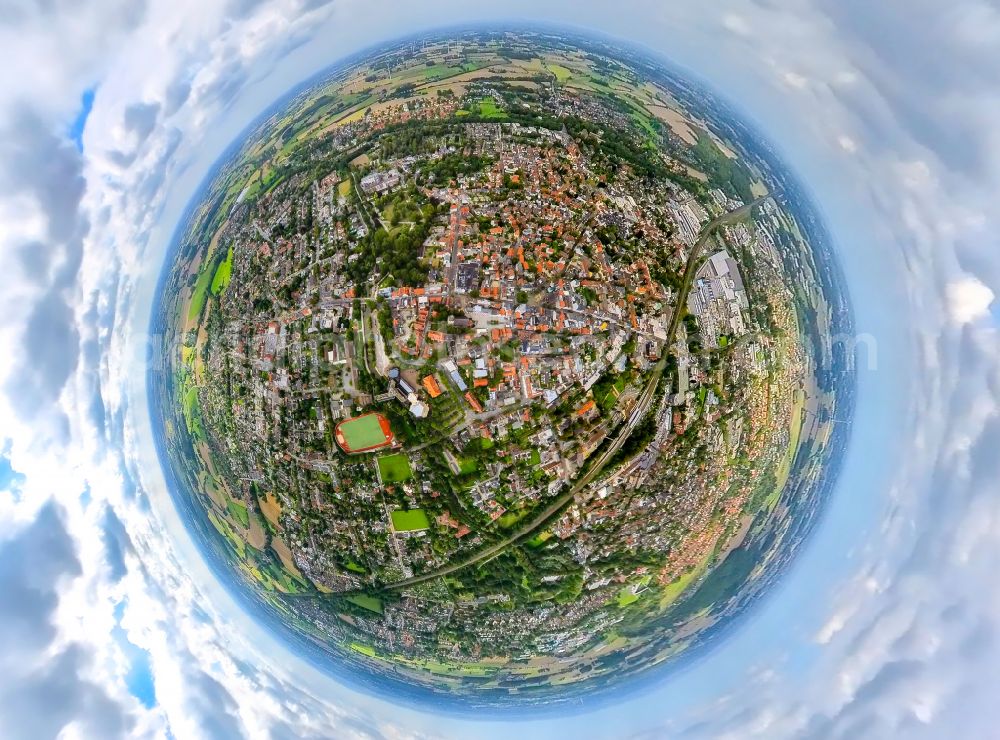 Ahlen from above - Fisheye perspective city view of the city area of in Ahlen in the state North Rhine-Westphalia, Germany