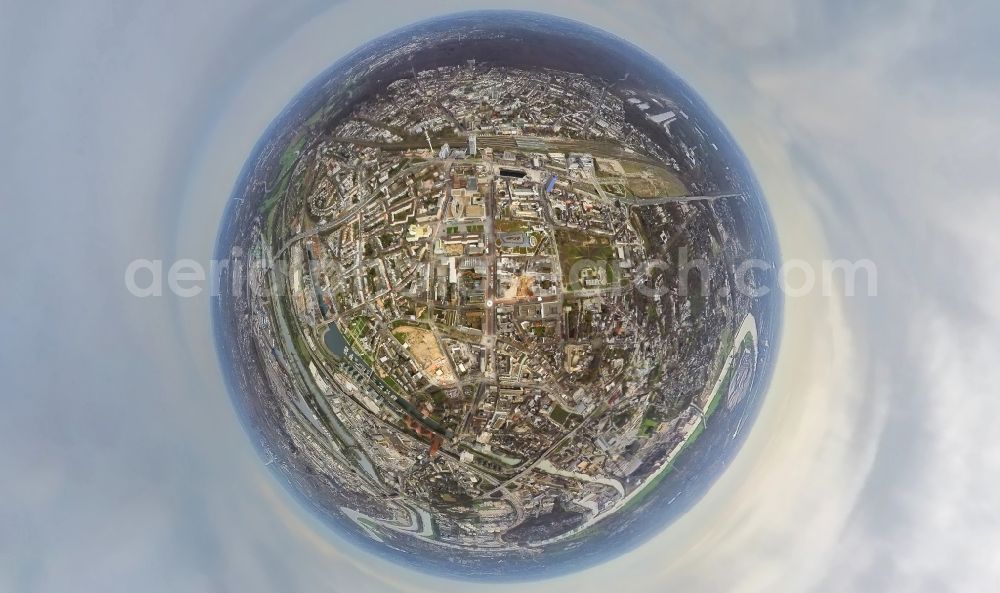 Aerial image Duisburg - Fisheye perspective city view on down town in the district Altstadt in Duisburg in the state North Rhine-Westphalia, Germany